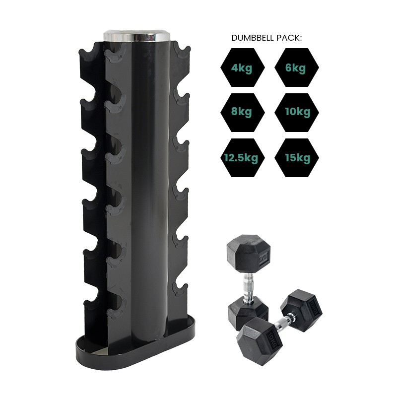 Rubber Dumbbell and 6-Tier Vertical Storage Rack Package