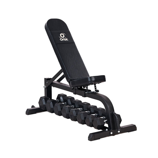 Orbit Bench OBB1001A with 3 x Pairs of Rubber Hex Dumbbells Package